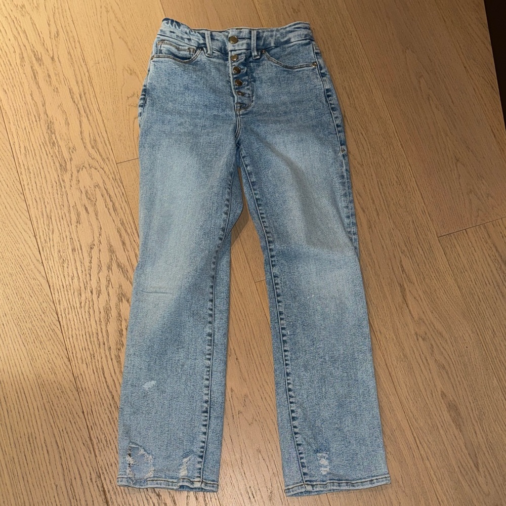 Good American Light Blue button fly Women’s cropped Jeans